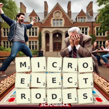 Creative illustration for a Scrabble game with the word MICROELECTRODES spelled out in tiles on the board.