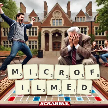 Creative illustration for a Scrabble game with the word MICROFILMED spelled out in tiles on the board.