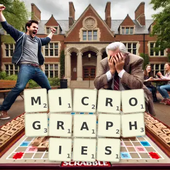 Creative illustration for a Scrabble game with the word MICROGRAPHIES spelled out in tiles on the board.