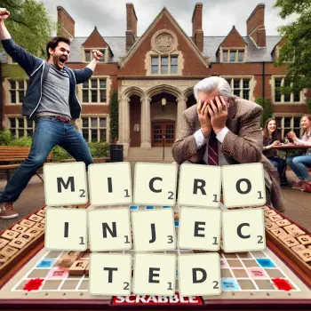 Creative illustration for a Scrabble game with the word MICROINJECTED spelled out in tiles on the board.