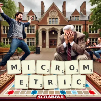 Creative illustration for a Scrabble game with the word MICROMETRIC spelled out in tiles on the board.
