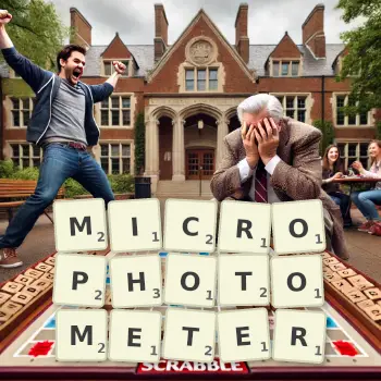 Creative illustration for a Scrabble game with the word MICROPHOTOMETER spelled out in tiles on the board.