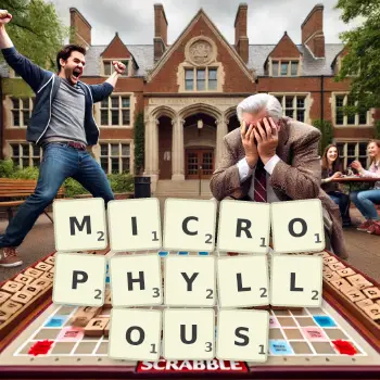 Creative illustration for a Scrabble game with the word MICROPHYLLOUS spelled out in tiles on the board.