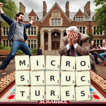 Creative illustration for a Scrabble game with the word MICROSTRUCTURES spelled out in tiles on the board.
