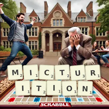 Creative illustration for a Scrabble game with the word MICTURITION spelled out in tiles on the board.