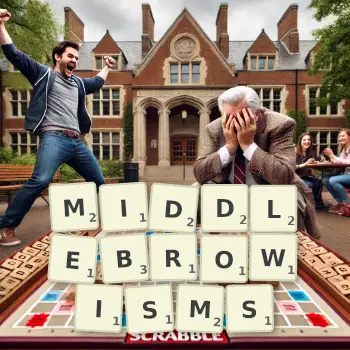 Creative illustration for a Scrabble game with the word MIDDLEBROWISMS spelled out in tiles on the board.