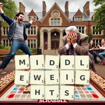 Creative illustration for a Scrabble game with the word MIDDLEWEIGHTS spelled out in tiles on the board.