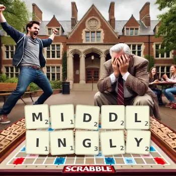 Creative illustration for a Scrabble game with the word MIDDLINGLY spelled out in tiles on the board.