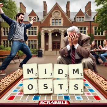 Creative illustration for a Scrabble game with the word MIDMOSTS spelled out in tiles on the board.