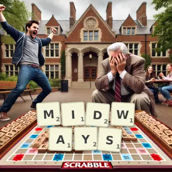 Creative illustration for a Scrabble game with the word MIDWAYS spelled out in tiles on the board.