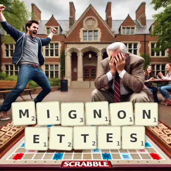 Creative illustration for a Scrabble game with the word MIGNONETTES spelled out in tiles on the board.