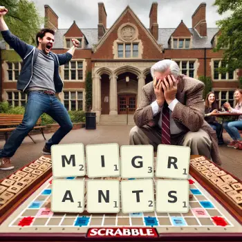 Creative illustration for a Scrabble game with the word MIGRANTS spelled out in tiles on the board.