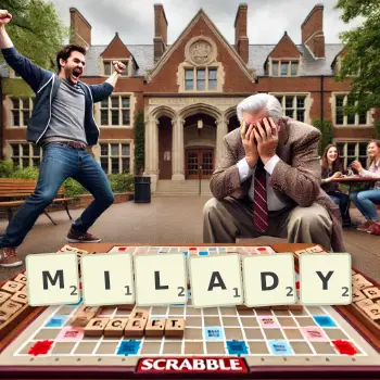 Creative illustration for a Scrabble game with the word MILADY spelled out in tiles on the board.