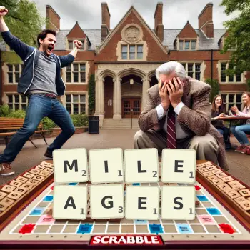Creative illustration for a Scrabble game with the word MILEAGES spelled out in tiles on the board.