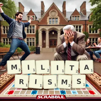 Creative illustration for a Scrabble game with the word MILITARISMS spelled out in tiles on the board.