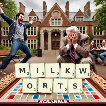 Creative illustration for a Scrabble game with the word MILKWORTS spelled out in tiles on the board.