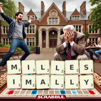 Creative illustration for a Scrabble game with the word MILLESIMALLY spelled out in tiles on the board.