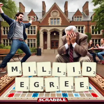 Creative illustration for a Scrabble game with the word MILLIDEGREE spelled out in tiles on the board.