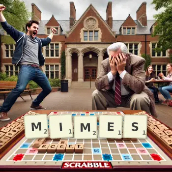Creative illustration for a Scrabble game with the word MIMES spelled out in tiles on the board.