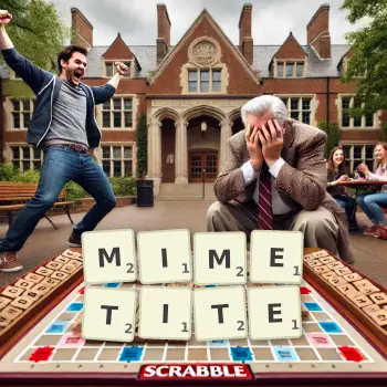 Creative illustration for a Scrabble game with the word MIMETITE spelled out in tiles on the board.