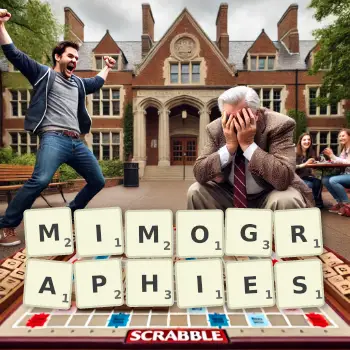Creative illustration for a Scrabble game with the word MIMOGRAPHIES spelled out in tiles on the board.