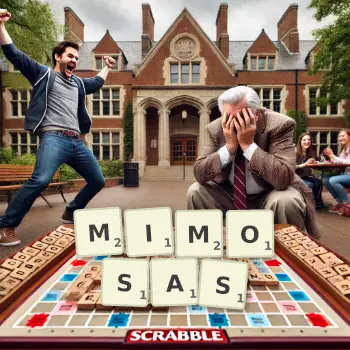 Creative illustration for a Scrabble game with the word MIMOSAS spelled out in tiles on the board.