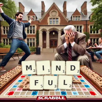 Creative illustration for a Scrabble game with the word MINDFUL spelled out in tiles on the board.