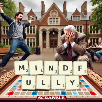 Creative illustration for a Scrabble game with the word MINDFULLY spelled out in tiles on the board.
