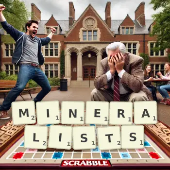 Creative illustration for a Scrabble game with the word MINERALISTS spelled out in tiles on the board.