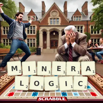Creative illustration for a Scrabble game with the word MINERALOGIC spelled out in tiles on the board.