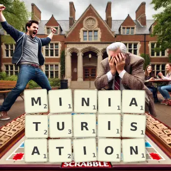 Creative illustration for a Scrabble game with the word MINIATURISATION spelled out in tiles on the board.