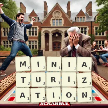 Creative illustration for a Scrabble game with the word MINIATURIZATION spelled out in tiles on the board.
