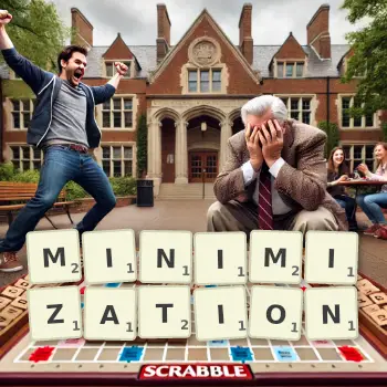 Creative illustration for a Scrabble game with the word MINIMIZATION spelled out in tiles on the board.