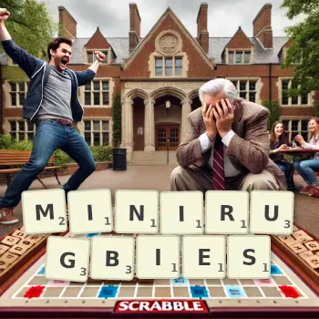 Creative illustration for a Scrabble game with the word MINIRUGBIES spelled out in tiles on the board.