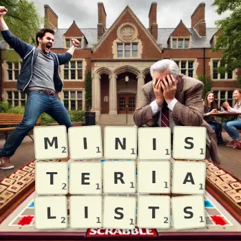 Creative illustration for a Scrabble game with the word MINISTERIALISTS spelled out in tiles on the board.