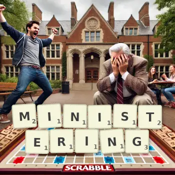 Creative illustration for a Scrabble game with the word MINISTERING spelled out in tiles on the board.