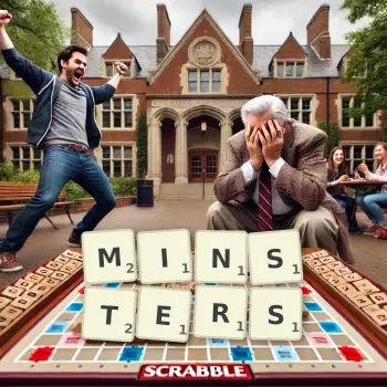 Creative illustration for a Scrabble game with the word MINSTERS spelled out in tiles on the board.