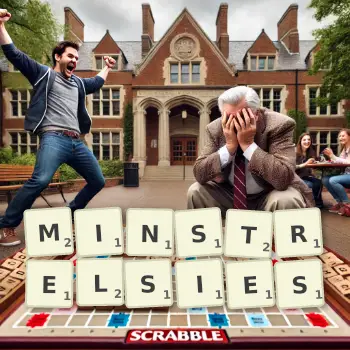 Creative illustration for a Scrabble game with the word MINSTRELSIES spelled out in tiles on the board.