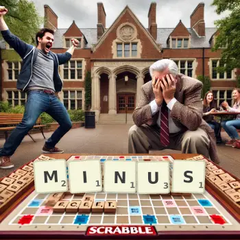 Creative illustration for a Scrabble game with the word MINUS spelled out in tiles on the board.