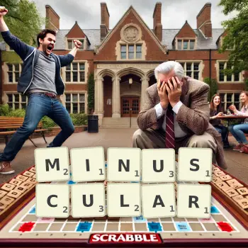 Creative illustration for a Scrabble game with the word MINUSCULAR spelled out in tiles on the board.