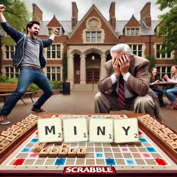 Creative illustration for a Scrabble game with the word MINY spelled out in tiles on the board.