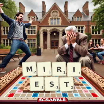 Creative illustration for a Scrabble game with the word MIRIEST spelled out in tiles on the board.