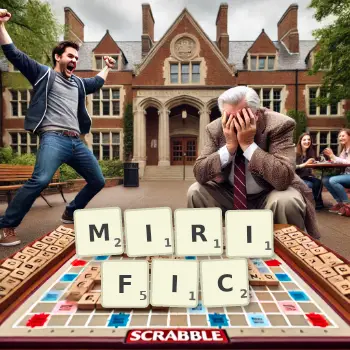 Creative illustration for a Scrabble game with the word MIRIFIC spelled out in tiles on the board.