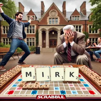 Creative illustration for a Scrabble game with the word MIRK spelled out in tiles on the board.