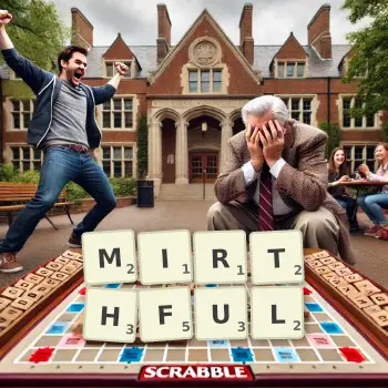 Creative illustration for a Scrabble game with the word MIRTHFUL spelled out in tiles on the board.