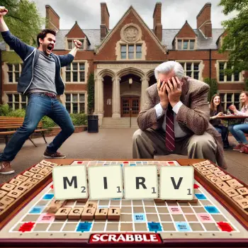 Creative illustration for a Scrabble game with the word MIRV spelled out in tiles on the board.