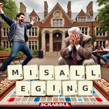 Creative illustration for a Scrabble game with the word MISALLEGING spelled out in tiles on the board.