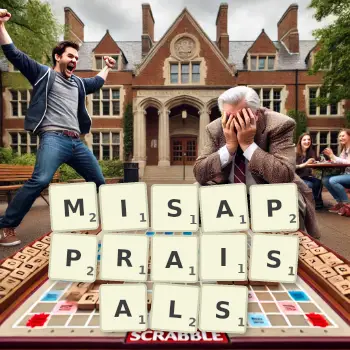 Creative illustration for a Scrabble game with the word MISAPPRAISALS spelled out in tiles on the board.