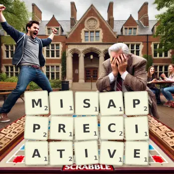 Creative illustration for a Scrabble game with the word MISAPPRECIATIVE spelled out in tiles on the board.
