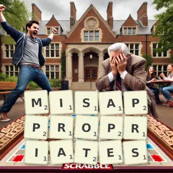 Creative illustration for a Scrabble game with the word MISAPPROPRIATES spelled out in tiles on the board.